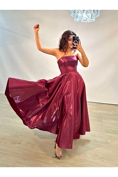 OLA Stella Hologram Saten Straplez Bordo Renk Bilek Boy Abiye Elbise