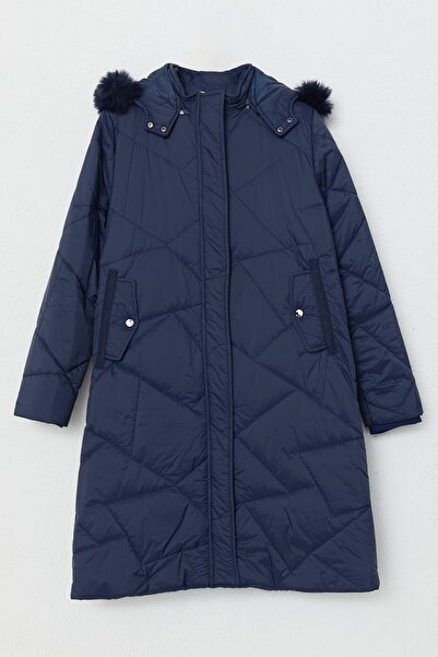 Nihan Kürklü Kapşonlu Spor Kapitone Kaban Lacivert