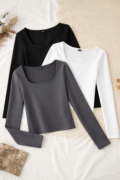 ÖZ PAMUK 3 ΤΕΜ. Μπλούζα με τετράγωνο γιακά Basic SOLID υφασμάτινη μακρυμάνικη...