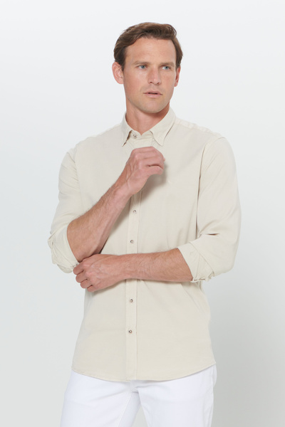 ALTINYILDIZ CLASSICS Cămașă din bumbac bej slim fit cu croială nasturi ascunși