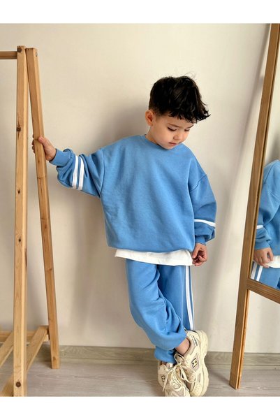 kr kids Boy's Blue Tracksuit Set – Striped Detail , Oversized Cut, Cotton Sportswear Set