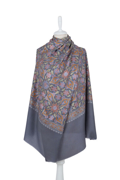 Bursa İpek Gray Fully Embroidered Suzani Wool Shawl