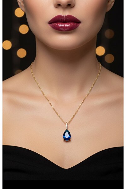 stainless steell gold renk lacivert damla model sıra taşlı sf zincir çelik kolye