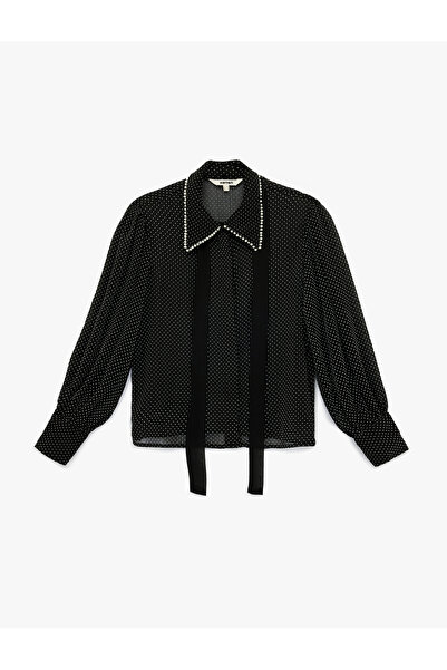 Koton Uzun Kollu Boncuk Detaylı Fular Yaka Puantiye Desenli Şifon Gömlek
