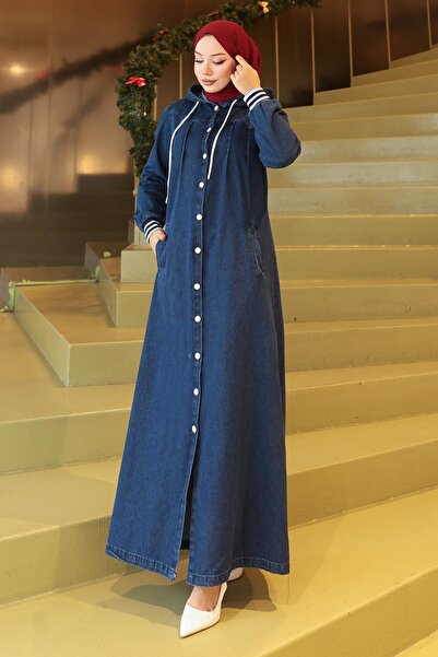 Modamihram Hooded Ribbed Denim Ferace Dark Blue 19280