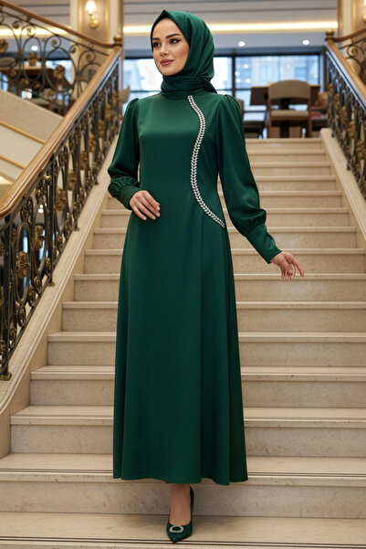 N.S NEVA STYLE - Bead Detailed Green Hijab Satin Evening Dress 62281Y