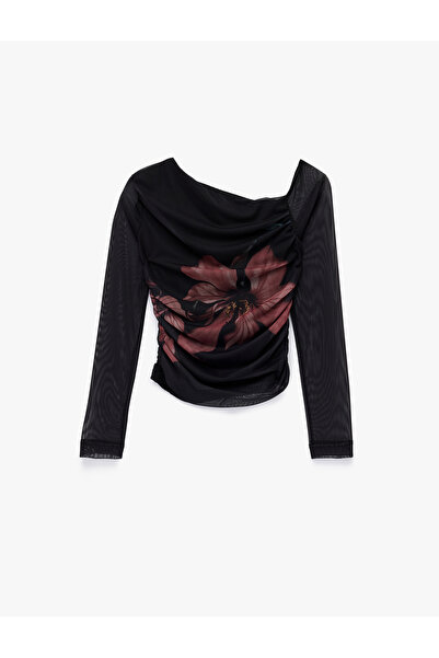Koton Asymmetrical Neckline Long Sleeve Gathered Floral Tulle T-Shirt