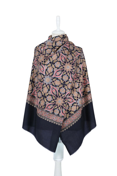 Bursa İpek Navy Blue Fully Embroidered Suzani Wool Shawl
