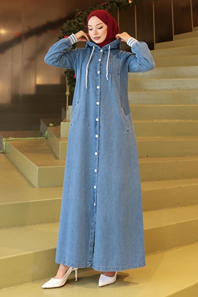 Modamihram Hooded Ribbed Denim Ferace Light Blue 19280