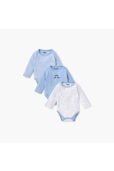 Juniors Printed Bodysuit with Long Sleeves and Button Closure - Set of 3