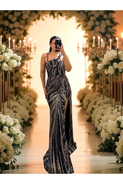 OLA Vega Boncuk Ve Taş İşlemeli Balık Yırtmaçlı Lacivert Abiye Elbise