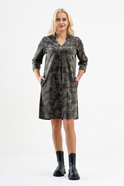 Bold & Young Cotton Velvet Camouflage Patterned 3/4 Sleeve Pocket V-Neck Women's Dress
