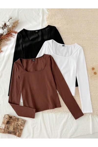 ÖZ PAMUK 3Pcs Square Neck Basic Solid Fabric Long Sleeve Stretch Fabric Blouse