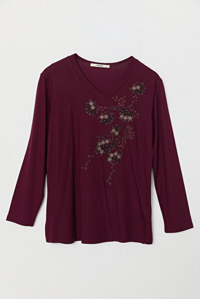 Nihan Rahat Kalıp Parlak Nakışlı Yonca Triko Bluz Bordo