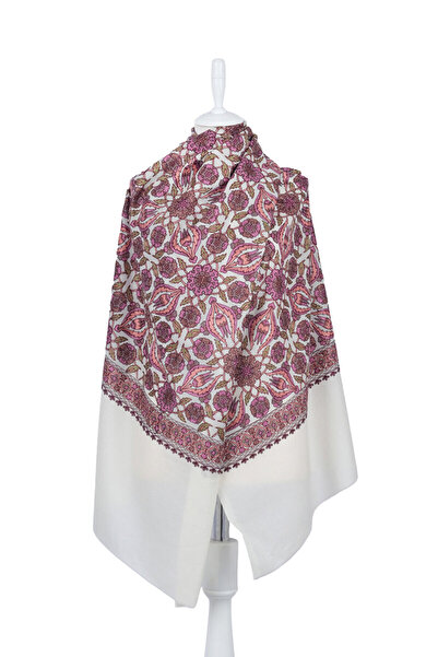 Bursa İpek Cream Full Embroidered Suzani Wool Shawl