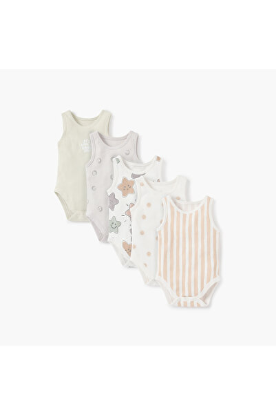 Juniors Printed Sleeveless Bodysuit with Button Closure - Set of 5