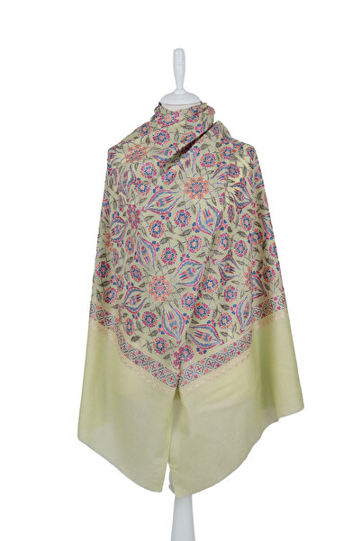 Bursa İpek Green Fully Embroidered Suzani Wool Shawl