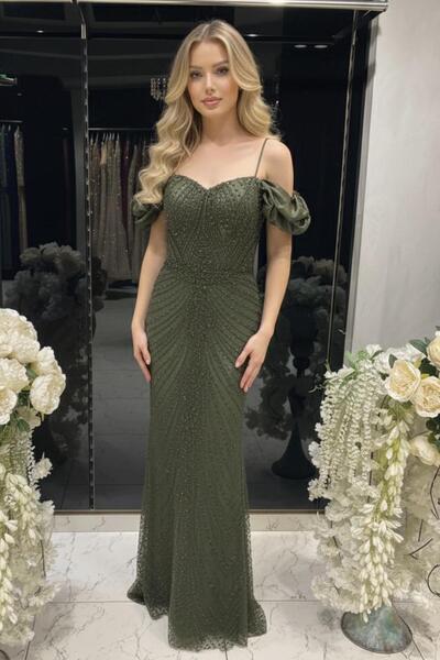 SpringStore Haki Taş İşlemeli Düşük Omuz Abiye