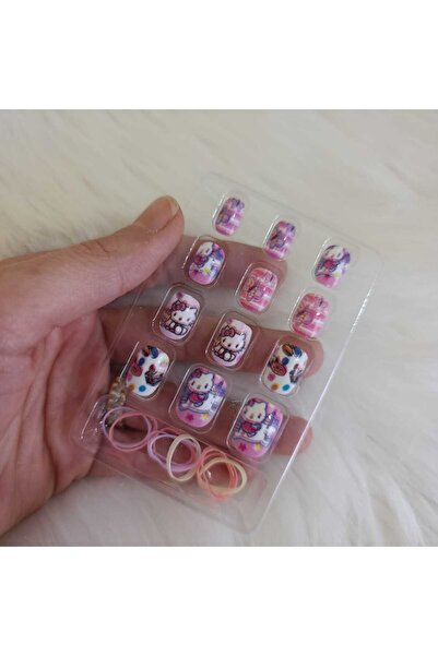 Masal Gurumi HELLO KITTY KIZ ÇOCUK TAKMA TIRNAK + BİR ÇİFT KISTIRMA TOKA + BİR ÇİFT LASTİKLİ TOKA