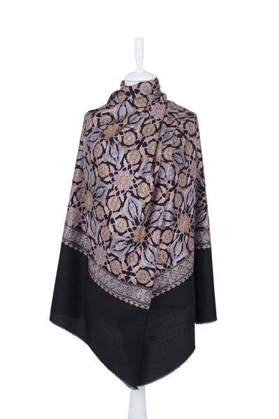 Bursa İpek Black Fully Embroidered Suzani Wool Shawl