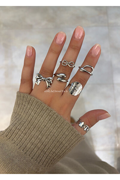 aksesuaris 6'lı Trend Kurdele Gümüş Kadın Yüzük Set