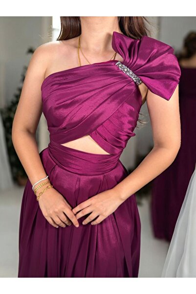 OLA Royal Tek Omuz Tafta Saten Mor Abiye Elbise