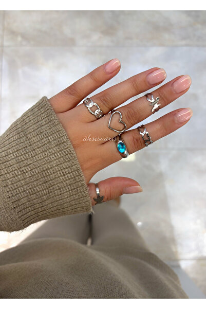 aksesuaris 6-Piece Silver Color Women's Ring Set