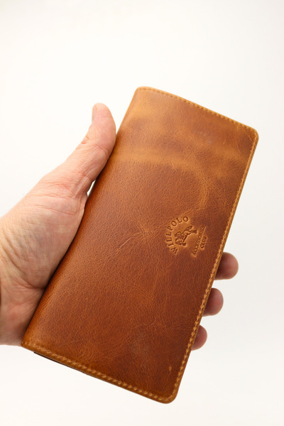 willpolo Genuine Leather Wallet with Phone Compartment, Magnetic Hand-Threaded Tan Color Portfolio Long Wallet Wp795