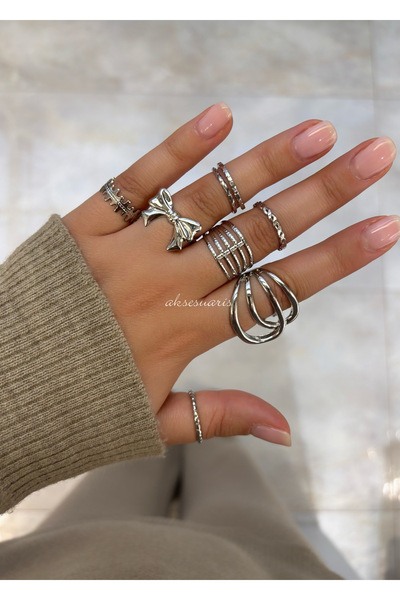 aksesuaris 7-Piece Silver Color Women's Ring Set