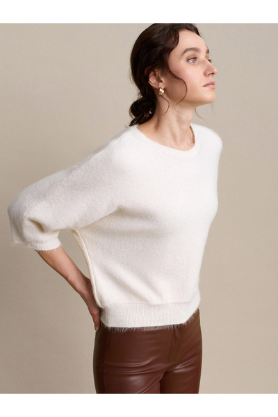 Dilvin 10852 Crew Neck Soft Textured Sweater-Ecru