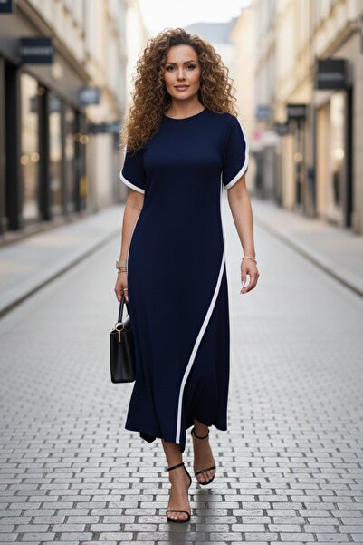 Mossta Asymmetrical Cut Midi Viscose Two Thread Dress - Navy Blue