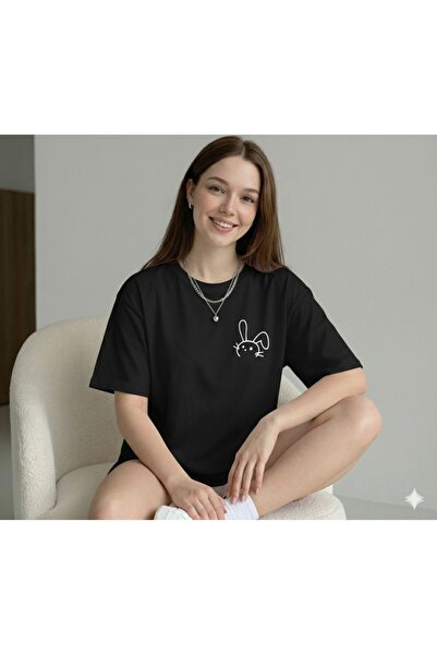 BW Bravely Wear تيشيرت نسائي أرنب مطبوع قصة فضفاضة أسود