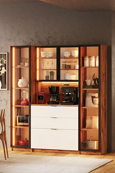 Avmpark Orea Temperli Camlı Kahve Köşesi 2 Boy Dolaplı Airfry Kiler Dolabı Çok Amaçlı Atlantik Çam Beyaz