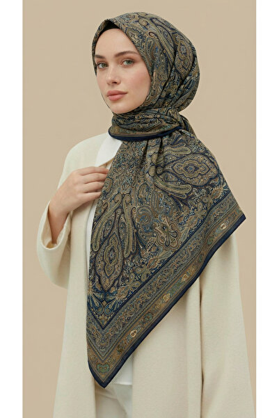 Karaca Eşarp ZÜMRÜT DESENLİ 120 CM COTTON ŞAL EŞARP LACİVERT / KREM