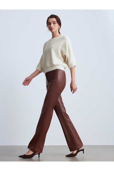 Dilvin 72237 Faux Leather Bell Bottom Trousers-Light Brown
