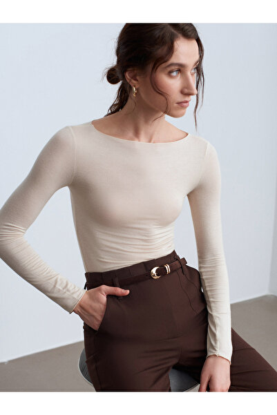 Dilvin 32122 Kayık Yaka Modal Kaşmir Ultra Hafif Bluz-Taş