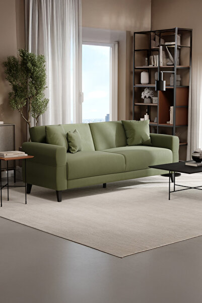 Enza Home Astera Plus 3'lü Yataklı Koltuk, Kadife Dokulu - Haki