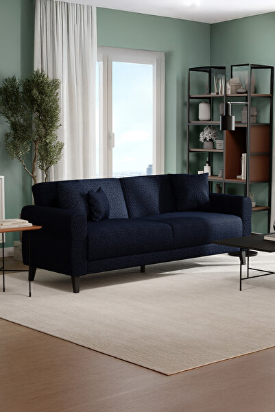 Enza Home Astera Plus 3'lü Yataklı Koltuk, Keten Dokulu - Lacivert