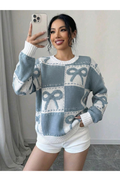 SAYZEN Ribbon Embroidered Checked Oversize Sweatshirt