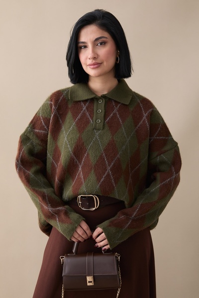 InStyle Buttoned Diamond Pattern Brown Knitwear Sweater