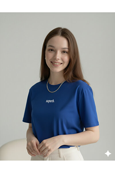 FAVORİST Superb. Printed Cobalt Blue Crew Neck Cotton Women's Regular Fit Tshirt