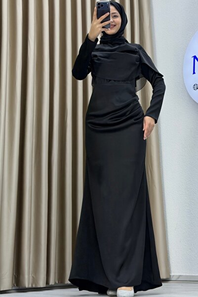Matik Abiyem Breast Draped Asymmetrical Top Detailed Long Sleeve Mock Neck Slim Fit Silhouette Tall Length Stylish Evening Dress
