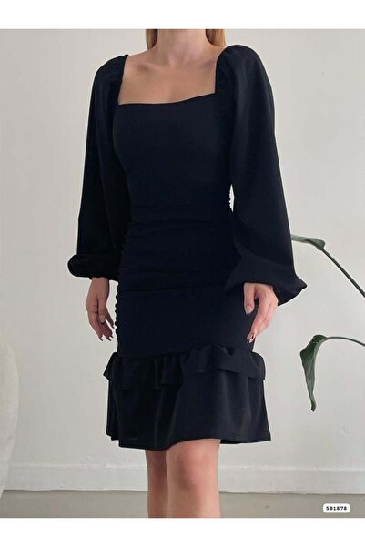 Modafeminen Φόρεμα με τετράγωνο γιακά, μακρύ μανίκι, λεπτομέρεια με κορδόνι, ...