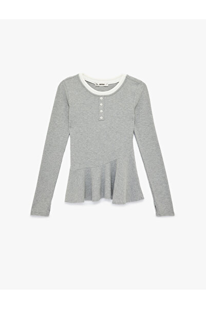 Koton Slim Fit Flounce Crew Neck Piped Button Long Sleeve T-Shirt