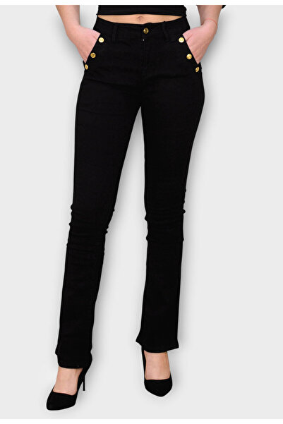 Elis Fashion Black High Waist Flared Jeans with Gold Buttons