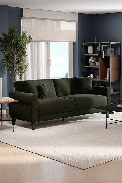 Enza Home Astera Plus 3'lü Yataklı Koltuk, Kadife Dokulu - Koyu Haki / Antrasit