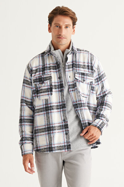AC&Co / Altınyıldız Classics Ecru Blue Oversized Loose Fit Buttoned Collar Pocket Plaid Patterned Lumberjack Winter Shirt Jacket