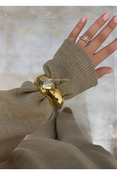 aksesuaris Çelik Kalın Plaka Gold Kadın Bileklik