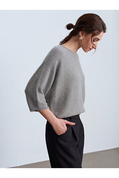 Dilvin 10852 Crew Neck Soft Textured Sweater-Grey