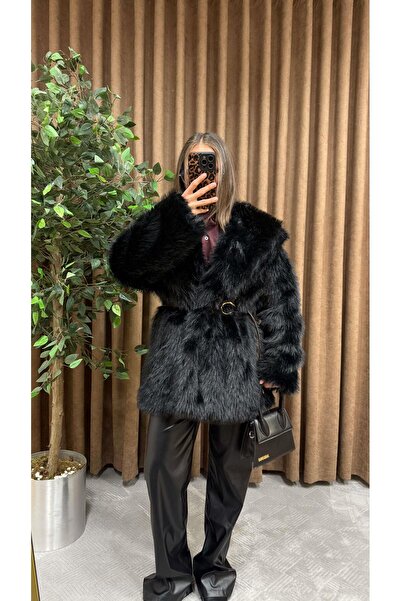 Maysa KEMERLİ ŞAL YAKA UZUN KÜRK-SİYAH